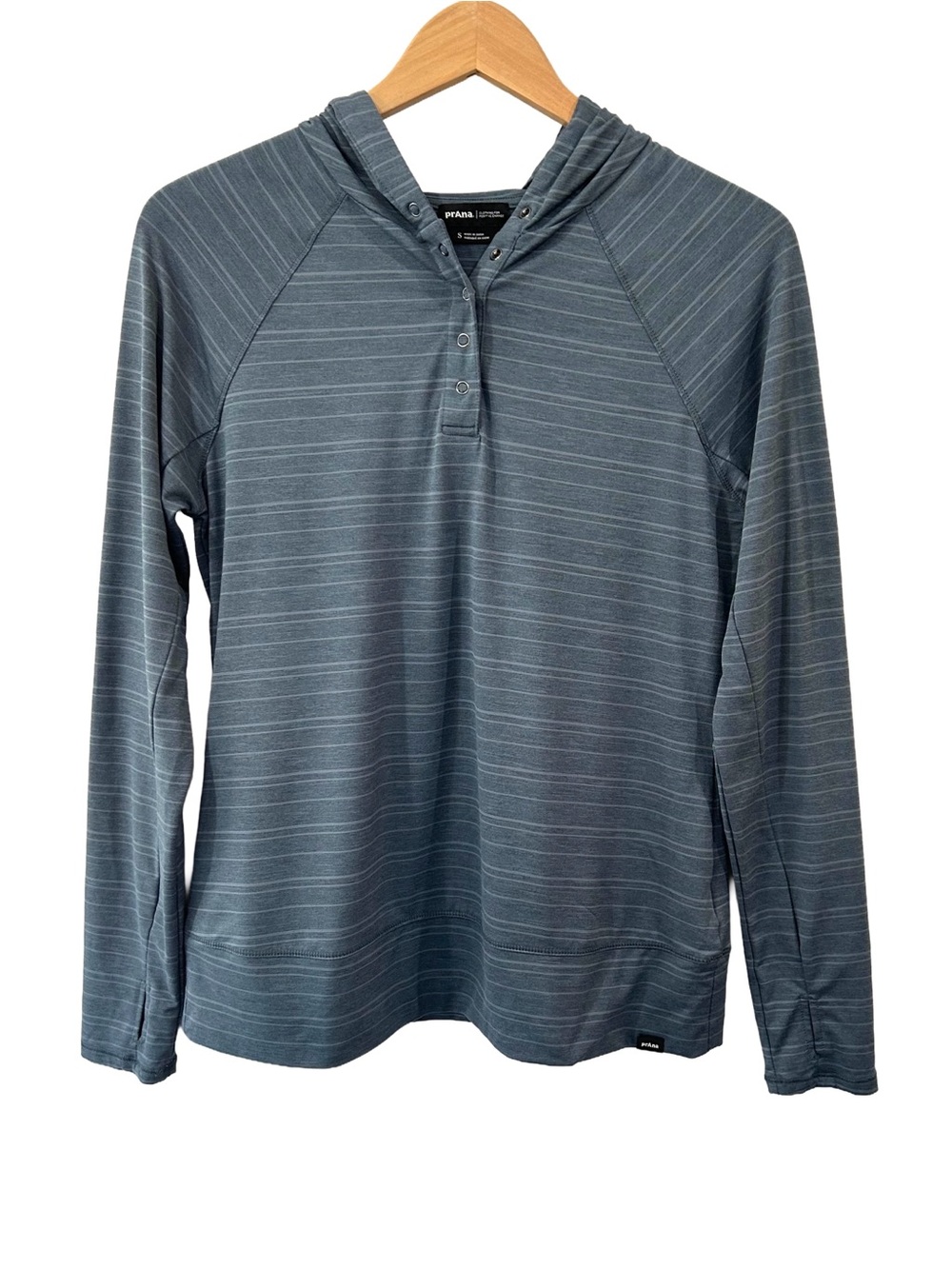 PrAna women’s Sol Searcher Hoodie Snap Pullover S teal Henley UPF 50 outdoor